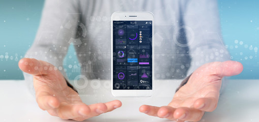 Poster - Businessman holding Smartphone with user interface data on the screen isolated on a background