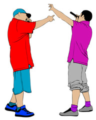 Hip hop artists in trendy colorful clothes. Isolated silhouettes of people on a white background