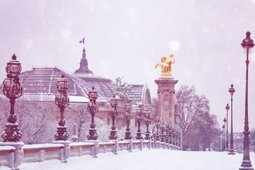 Grand Place, Alexander 3 bridge, Paris under snow