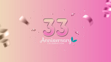 33rd Anniversary. Gradient Pink And Yellow Numbers With Sparkling Confetti. Modern Elegant Gradient Background Design Vector EPS 10. For Wedding Party Or Company Event Decoration.