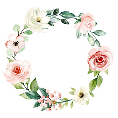 Wall Mural - Wreath, floral frame, watercolor flowers pink roses, Illustration hand painted. Isolated on white background. Perfectly for greeting card design.