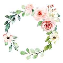 Wall Mural - Wreath, floral frame, watercolor flowers pink roses, Illustration hand painted. Isolated on white background. Perfectly for greeting card design.