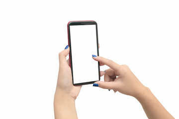 Sticker - Hand holding mobile smart phone with blank screen. with clipping path