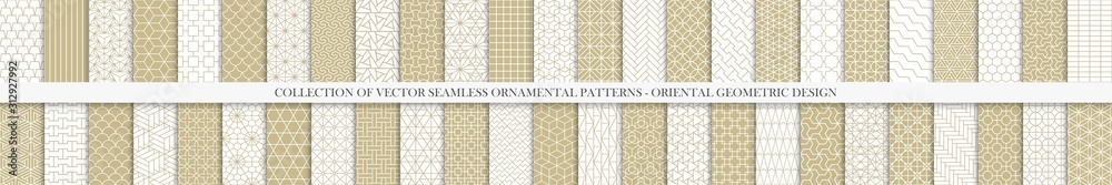 Collection of seamless geometric ornamental vector patterns. Grid oriental backgrounds. Vintage white and beige design - obrazy, fototapety, plakaty 