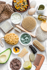 Wall Mural - face, body skin care ingredients - cosmetic clay, brushes, homemade soap, coffee scrub, avocado, lem
