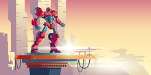 Red Robot Transformer Standing On Spaceship Top Against Futuristic Colonial Background, Cartoon Vector Illustration. Powerful Robot Transformed From Car, Alien Invader, Fantasy Cyborg Soldier