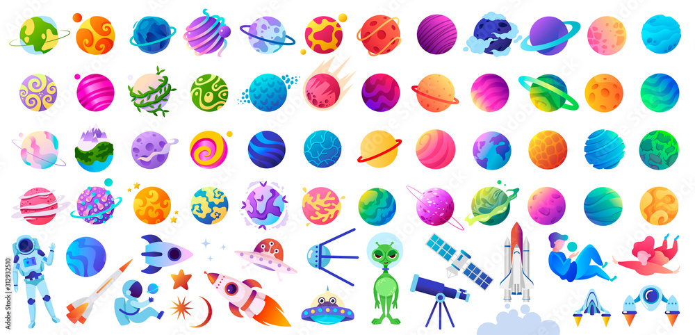 Big set of isolated space objects. Planets, UFOs, astronauts and rockets. Vector children's illustration. - obrazy, fototapety, plakaty 