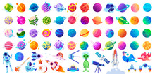 Big Set Of Isolated Space Objects. Planets, UFOs, Astronauts And Rockets. Vector Children's Illustration.