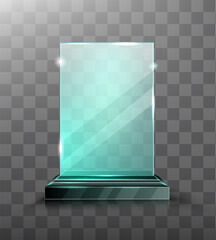 Wall Mural - glass trophy or winner award realistic vector illustration. transparent crystal plate or blue acryli