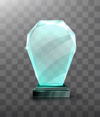 Glass trophy or winner award realistic vector illustration. Transparent crystal plate or blue acrylic frames on black chrome metal pedestal, isolared front view with light and shadow