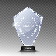 Glass Award Trophy Or Winner Prize Realistic Vector Illustration. Transparent Crystal Plate Or Acrylic Diamond Frame With Laurel Wreath On Wooden Pedestal, Isolared Front View With Light And Shadow