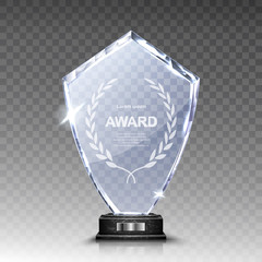 glass award trophy or winner prize realistic vector illustration. transparent crystal plate or acryl