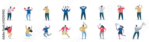 Fotomural Male and female cartoon character showing different emotion set vector flat illustration