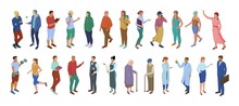 Collection Of Different Cartoon Character People Isolated On White. Crowd Of Male And Female Performing Various Ages Lifestyle And Profession Trendy Isometric Vector Illustration
