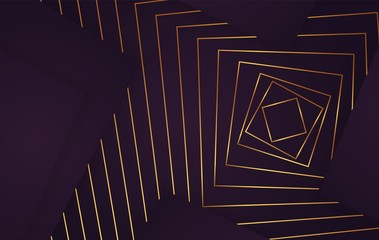 Poster - Geometric gold design lines and cubes abstract elements at purple background vector illustration. Futuristic architecture graphic neon violet backdrop square and 3d cube shapes