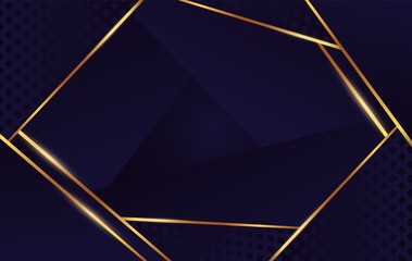 Poster - Squared abstract gold geometric shape at dark blue and black background. Golden light lines element at cube and triangle backdrop vector graphic illustration