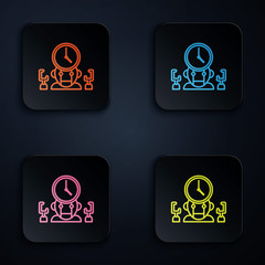 Poster - Color neon line Robot and digital time manager icon isolated on black background. Time management assistance, workflow optimization help. Set icons in square buttons. Vector Illustration