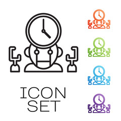 Poster - Black line Robot and digital time manager icon isolated on white background. Time management assistance, workflow optimization help. Set icons colorful. Vector Illustration