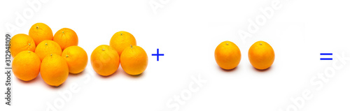 Fotomural suma simple matemática, suma de naranjas, cálculo matemático sencillo