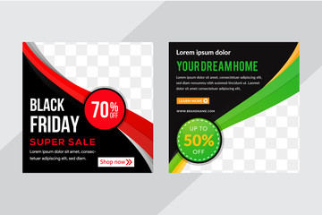 Poster - Set editable minimal square banner template. Black background with red and green wave shape element. Suitable for social media post and web ads promotion. Vector illustration with space photo college