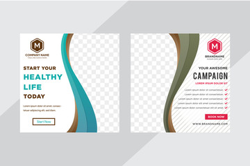 Poster - Minimal design layout. Square abstract modern geometric shape banner template for social media post promotion. combination blue, green and brown wave shape. white background with diagonal line.