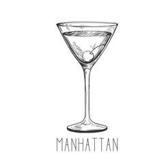 Wall Mural - Alcoholic cocktail - manhattan with cherry isolated on white background. Hand-drawn vector illustration