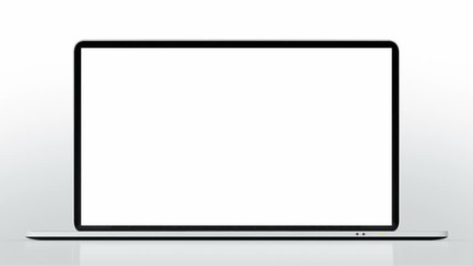 Thin laptop animation. Spinning. Highly detailed aluminum laptop spinning and opening over white background. The white display is perfect for tracking and adding your own photos or videos.