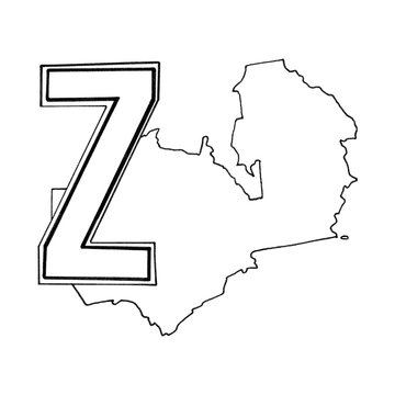 Letter Z and the country of Zambia. Idea for alphabet, coloring, creativity, card, card, marker illustration