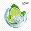 3D realistic transparent vector circle splash mojito, Ice cubes, mint leaves, water splash and lime