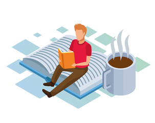 Poster - coffee mug and man reading a book sitting on big book