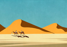 Tourists Riding Camels In Sunny, Remote Desert Landscape