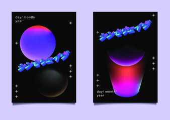 Poster - Abstract futuristic posters with fantasy cosmic landscape. Vaporwave, Futuresynth or Outrun style flyer template for club event. Japanese text means 