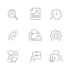 Wall Mural - Head hunting line icons on white background. Find candidate, interview and other icons of human resources. Editable stroke