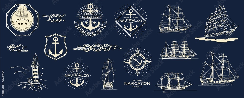 Mega Vector set. Nautical useful design elements. Inspirational themplate of Nautical Style Logo, Emblem Designs. Vintage sea label. - obrazy, fototapety, plakaty 