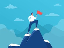 Man Standing On Top Of Mountain With Flag,  Sucess Leadership, Vector Illustration Concept, Business Man Reach Goal,  Can Be Used For Landing Page, Template, Ui, Web, Homepage, Poster, Banner, Flyer