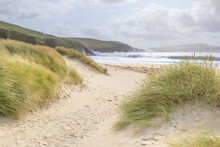 Fine White Sand Shell Tombolo, Dunes And Grasses, Beach, Crashing Waves, St. Ninian's Isle, Mainland, Shetland Isles, Scotland
