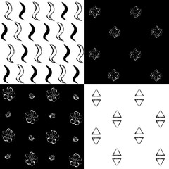 Canvas Print - Black and white simple patterns with waves, flowers and triangles