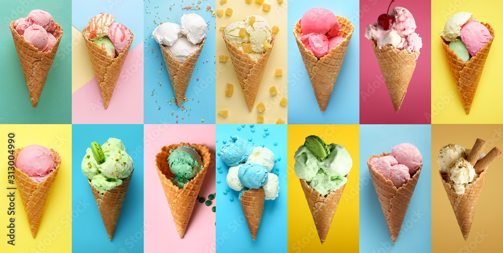 Collage with tasty ice-cream on color background - obrazy, fototapety, plakaty 