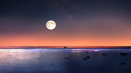 Wall Mural - moon on night starry sky at sea sunset  night sky stars summer night  sea dark blue water moonlight  sunset background nature 