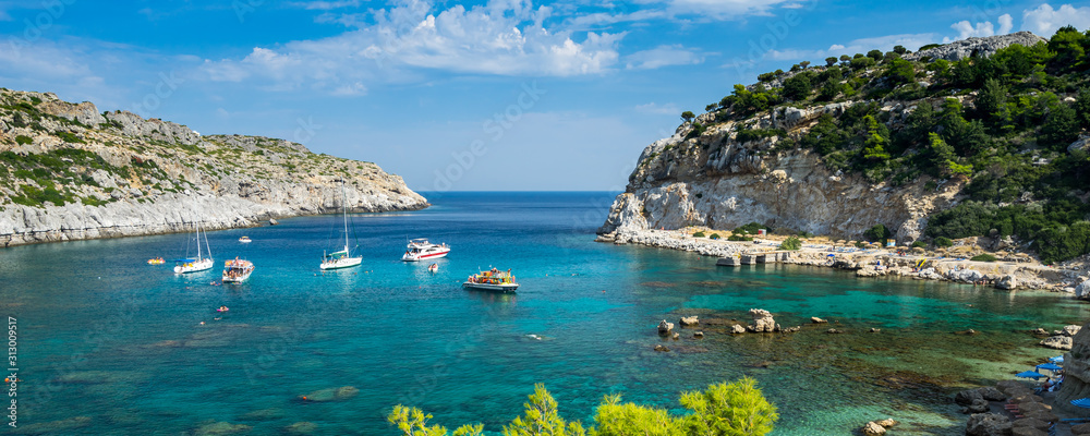 Beautiful turquoise water at Anthony Quinn Bay Rhodes Island Rodos Greece Europe - obrazy, fototapety, plakaty 