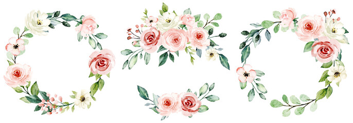 wreaths, floral frames, watercolor flowers pink roses, illustration hand painted. isolated on white 