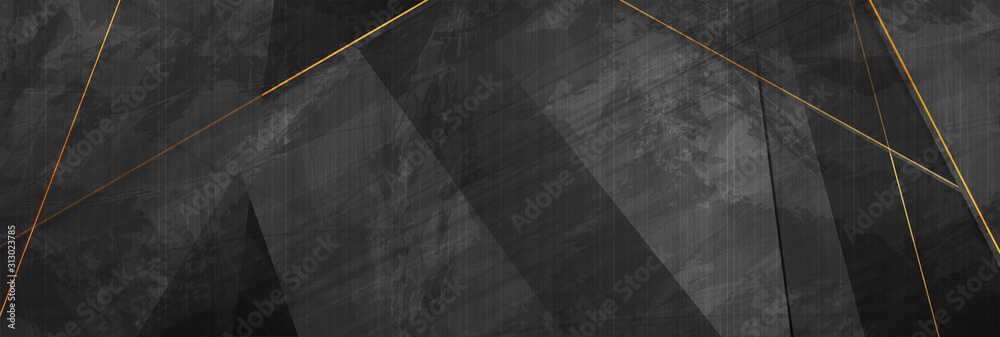 Black grunge corporate abstract background with golden lines. Vector banner design - obrazy, fototapety, plakaty 