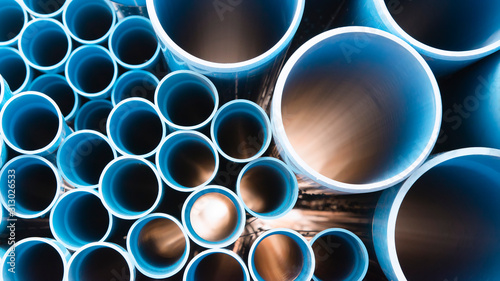 Fotografía Blue plastic pipes used in construction site