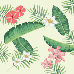 Canvas Print - tropical leafs and flowers foliage pattern background