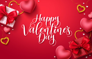 Wall Mural - Happy valentines day vector banner background. Valentines day greeting card with typography and elements like gifts, red heart shapes and jewelries in red background . Vector illustration