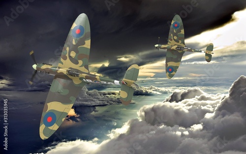 Fotografía 3d rendering of two world war two airplanes flying together in the clouds