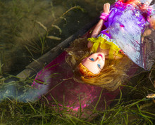 The Doll Floats On The Surface Of The Water With Algae
