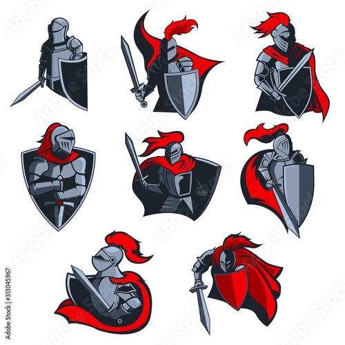 Cuadros en Lienzo Knight vector icons of medieval warriors with armour helmets, swords and shields, red capes and plumes