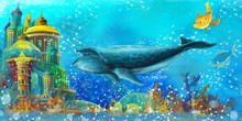 Cartoon Scene With Fishes In The Beautiful Underwater Kingdom Coral Reef - Illustration For Children