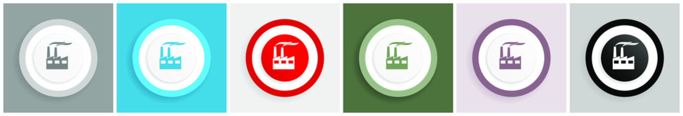 Poster - Factory icon, industrial building, plant, pollution  vector illustrations in 6 colors options for web design and mobile applications in eps 10